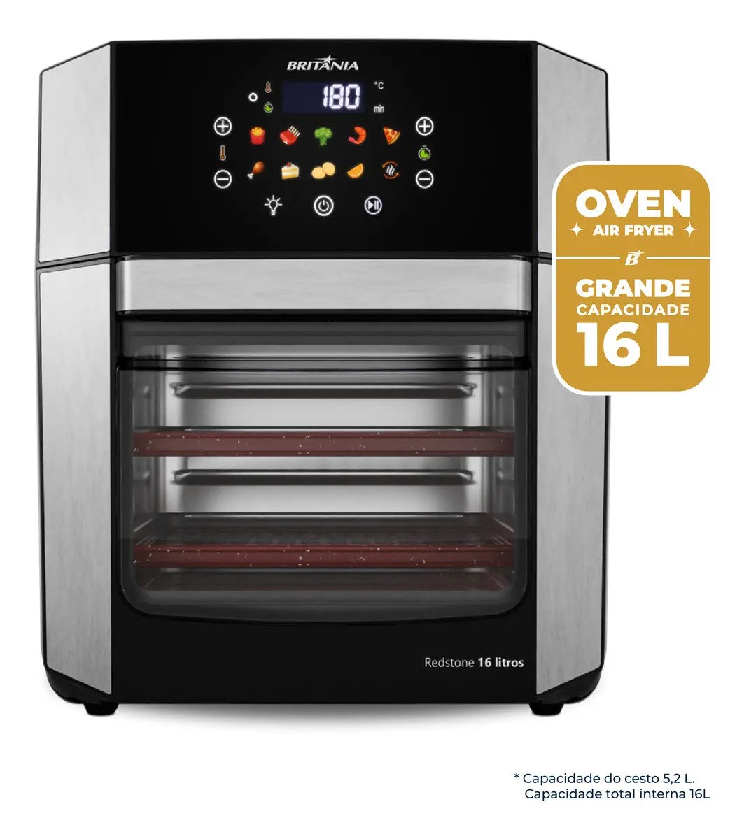 Air Fryer Oven Britânia 16L 4 Em 1 com 10 Funções Painel Digital Redstone BAF16A