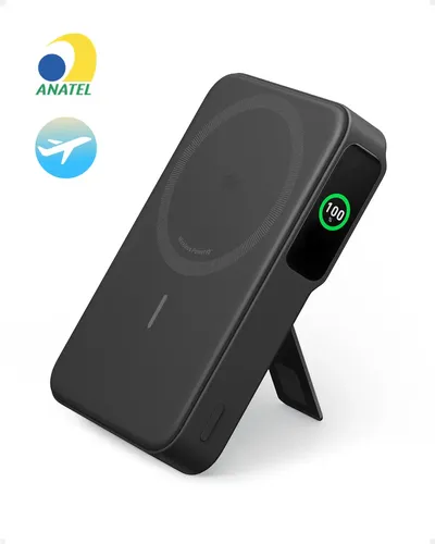 Carregador Portátil Indução Power Bank 10000mAh Bateria Magsafe Anker MagGo Qi2 Sem Fio Rápido 15W com Tela Inteligente e Suporte para iPhone 17/16/15/14/13/12 Preto - R$ 399