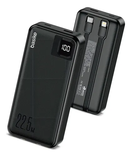 Power Bank Basike 20000mAh Preto, Carga Rápida 22.5W para iPhone e Samsung, Com Cabos Embutidos e Display - R$ 136,88